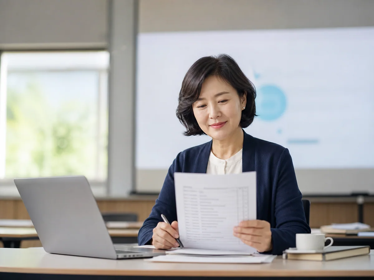 전문교육 자료를 살펴보는 경력보유여성